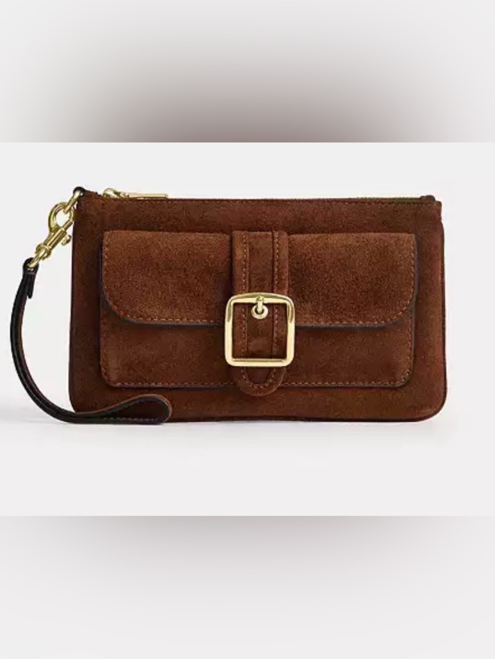 Coach Ashton Brown Suede Wristlet Clutch with Buckle Detail